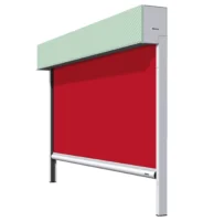 Markise in Rot mit grünem verputzbaren Kasten und Schienenführung